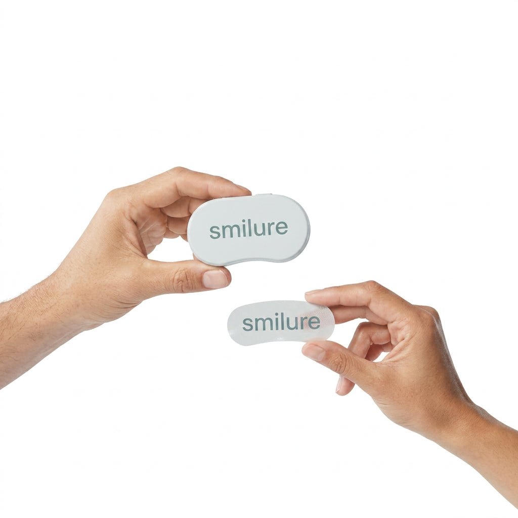Hands holding Smilure mouth strip container and strip