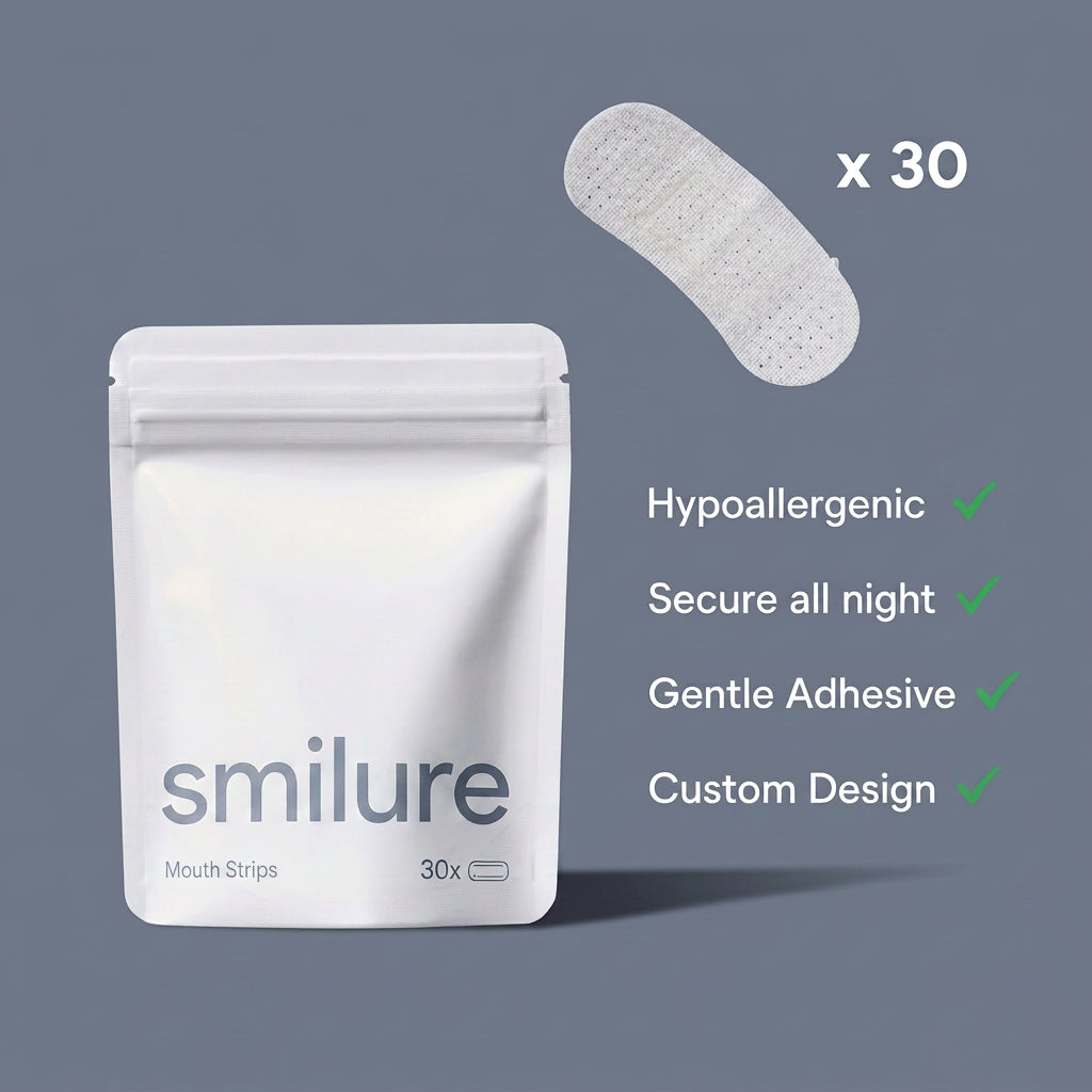 Mouth strip pouch features: hypoallergenic, secure all night, gentle adhesive